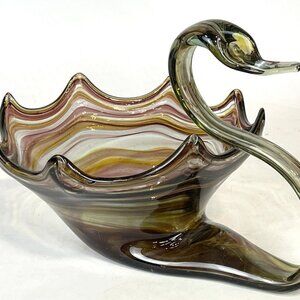 Murano VTG Sonner Swirl of colors Style Hand Blown Art Glass Swan Bowl Dish.